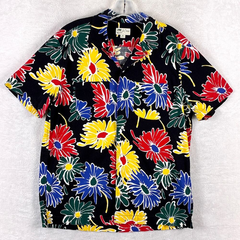 J.Crew Hawaiian Shirt Mens M Black Multicolor Floral Loop Collar Aloha Preppy